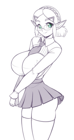 accessory big_breasts bottomwear breast_squeeze breasts clothing eyebrows eyelashes eyewear female glasses green_eyes hair_accessory hairclip humanoid_pointy_ears legwear necktie not_furry pleated_skirt pointy_ears shirt skirt smile solo squeezing thigh_highs topwear scorpdk nintendo the_legend_of_zelda princess_zelda humanoid hylian 2026 hi_res spot_color