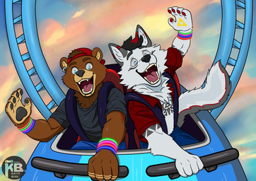 amusement_ride anthro bottomwear clothing cloud denim denim_bottomwear denim_clothing duo ear_piercing ear_ring facial_markings facial_piercing funpark glowstick glowstick_bracelet hat head_markings headgear headwear jeans linkalpha lip_piercing male male/male markings muzzle_(marking) pants piercing ride ring_piercing roller_coaster shirt sky slightly_chubby slim snakebite_piercing tattoo topwear triforce_tattoo kaitobear nintendo the_legend_of_zelda kaito bear canid canine canis mammal wolf absurd_res digital_media_(artwork) hi_res