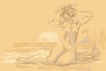 anthro beach big_ears breasts female genitals hair horn looking_at_viewer navel nipples nude open_mouth palms pubes pussy sand sea seaside simple_background smile solo spiked_tail spikes spikes_(anatomy) sun tail water wanderertamplior sentry_(duscride) dhakkar 2023 absurd_res digital_media_(artwork) hi_res sketch