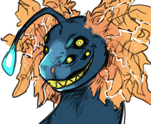 ambiguous_gender black_lips black_sclera blue_body creepy_smile feral glowing grin lips long_neck mane multi_eye orange_mane orange_nostrils pupils simple_background smile solo teeth toony white_background white_pupils yellow_eyes yellow_teeth swampjaws anglerfish aquatic fish hybrid species_request