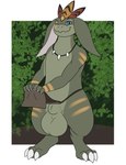 animal_genitalia anthro balls big_balls blue_eyes bodypaint bottomwear claws clothed clothing clothing_lift digitigrade feathers fully_sheathed genitals grey_body grey_skin huge_balls jewelry loincloth loincloth_lift male necklace one_eye_closed presenting sheath solo wink alex.fetter qsiti hi_res