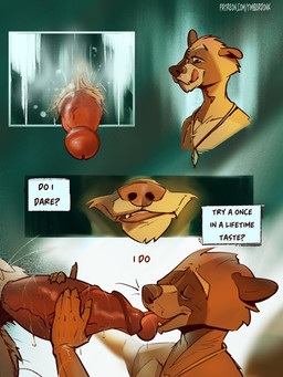 anthro aroused aroused_by_another aroused_face aroused_male aroused_smile balls duo erection fur genitals half-closed_eyes hand_on_penis humanoid_genitalia humanoid_penis jewelry licking licking_lips licking_own_lips looking_at_genitalia looking_at_penis looking_pleasured male male/male narrowed_eyes nude oral pendant pendant_only penile penis penis_lick self_lick sex size_difference smile standing teeth text thought_bubble tongue tongue_out vein wet wet_body timberdonk rhys_(timberdonk) mammal procyonid raccoon 3:4 comic digital_media_(artwork) english_text hi_res