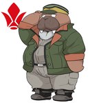 anthro belly bottomwear brown_body clothing cosplay hat headgear headwear kemono male overweight overweight_male pants shirt simple_background solo topwear white_background wantaro gundam gundam:_iron_blooded_orphans odd_taxi hiroshi_odokawa_(odd_taxi) mammal marine pinniped walrus 2024