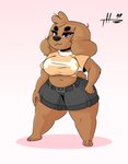 anthro big_breasts bottomwear breasts brown_body brown_fur clothing female freckles front_view fur hand_on_hip head_tuft hotpants looking_at_viewer midriff navel purple_eyes short_stack shorts solo thick_thighs tuft wide_hips thehoneybutter sprinkles_(thehoneybutter) canid canine canis domestic_dog mammal absurd_res hi_res