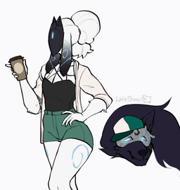 anthro baseball_cap blue_eyes bottomwear clothed clothing coffee_cup container cup duo female flat_chested floating_head_creature fur glowing glowing_eyes hair hat headgear headwear jacket long_ears long_hair markings mask ponytail purple_body purple_fur shorts simple_background thick_thighs topwear wearing_mask white_background white_body white_fur littlesheep league_of_legends riot_games tencent kindred_(lol) lamb_(lol) wolf_(lol) bovid canid canine canis caprine mammal sheep spirit wolf 2017 absurd_res hi_res