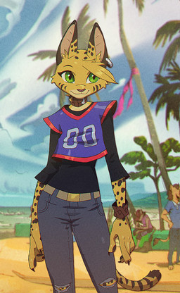 anthro beach bottomwear bracelet clothing collar denim denim_bottomwear denim_clothing detailed_background ear_piercing ear_ring facial_markings female female_anthro fur green_eyes head_markings head_tuft jeans jersey jewelry leaning leaning_sideways long_sleeves long_tail looking_aside markings pants pawpads piercing pointy_ears pose pupils ring_piercing shirt slit_pupils solo spots spotted_body spotted_fur striped_markings striped_tail stripes tail tail_markings topwear torn_bottomwear torn_clothing torn_jeans torn_pants tuft yellow_body yellow_fur ruffu pepper_in_the_sandbox pepper_(ruffu) felid feline mammal serval 2025 colored detailed digital_drawing_(artwork) digital_media_(artwork) portrait shaded three-quarter_portrait