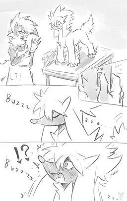 ambiguous_gender anthro biped clothed clothed_ambiguous clothed_anthro clothing duo feral fingers fur hair sex_toy simple_background smile standing tail teeth tongue tenebscuro nintendo pokemon furfrou generation_6_pokemon generation_7_pokemon lycanroc midnight_lycanroc natural_furfrou pokemon_(species) 2026 comic digital_drawing_(artwork) digital_media_(artwork) hi_res