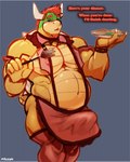 anthro apron barazoku blush clothed clothing erection erection_under_clothing food genitals horn male musclegut muscular muscular_male overweight overweight_male penis solo tenting zyyphelze mario_bros nintendo bowser koopa scalie hi_res