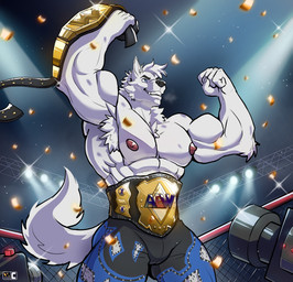 5_fingers anthro armpit_hair big_muscles big_pecs bio_in_description black_nose body_hair bottomwear camera championship_belt clothed clothing confetti fangs fighting_ring fingers flexing fur humanoid_hands male muscular muscular_anthro muscular_male nipples pants pecs smile solo tail teeth topless topless_anthro topless_male video_camera white_body white_fur wrestler nexus laru_rivers canid canine canis mammal wolf hi_res story story_in_description