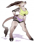 anthro barefoot biped bottomwear breasts brown_body brown_fur clothed clothing cloven_hooves dolphin_shorts ear_piercing feet female fur green_eyes hand_on_hip hooves horn midriff navel piercing pose shadow shorts simple_background solo tail tail_tuft tattoo tuft nut-case khana_liis antelope bovid mammal 2014 4:5