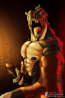 3_fingers anthro bodily_fluids fingers first_person_view foreskin genitals humanoid_genitalia humanoid_penis male muscular nipples open_mouth penis retracted_foreskin saliva sharp_teeth solo teeth iudicium86 bandai_namco digimon darktyrannomon digimon_(species) dinosaur prehistoric_species reptile saurischian scalie theropod tyrannosaurid tyrannosauroid tyrannosaurus tyrannosaurus_rex hi_res