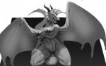 2018 anthro areola areola_slip argenta bedroom_eyes belly_scales big_breasts biped breasts camel_toe claws clothing curvy_figure dragon female fin front_view greyscale half-closed_eyes holding_breast horn kneeling looking_at_viewer membrane_(anatomy) membranous_wings monochrome mythological_creature mythological_scalie mythology narrowed_eyes natural_breasts nipple_outline non-mammal_breasts open_mouth pinup pose sal-sal scales scalie seductive simple_background solo spread_wings tail teeth thick_thighs tongue voluptuous wings