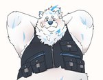 anthro bandage bandage_on_face belly blush bottomless chubby_cheeks clothed clothing fur male overweight overweight_male pouch_(clothing) raised_arms shirtless solo topwear topwear_only vest vest_only white_body white_fur zipper qqmelon888 lifewonders live_a_hero yohack canid canine canis domestic_dog mammal nordic_sled_dog samoyed spitz