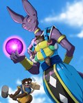 angry anthro baby blue_shit bottomwear clothing cloud group hammer holding_hammer holding_object holding_tool low-angle_view male object_in_mouth otter_tail pacifier pacifier_in_mouth pants purple_glow sky tools trio yellow_bottomwear yellow_clothing yellow_pants young pandottermon dragon_ball dragon_ball_super beerus hi_res