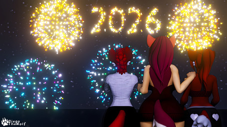 anthro balcony blue_eyes bottomwear clothing dress family female fireworks fur group hair long_hair long_tail male pants purple_eyes red_body red_eyes red_hair red_tail shirt short_hair sky tail topwear trio white_body white_fur yellow_body diegothewolf new_year_2026 diana_(diegothewolf) diego_(diegothewolf) hyenid_(alber) julia_(diegothewolf) canid canine mammal absurd_res hi_res