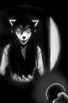 2018 anthro black_and_white black_hair black_nose canid canine canis carol_(hladilnik) creepy domestic_dog eyeless fangs female flashlight ghost hair hi_res hladilnik looking_at_viewer mammal monochrome nightmare_fuel scar smile spirit teeth