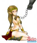 blue_eyes breasts butt chain chain_leash clothing costume disembodied_hand duo ear_piercing ear_ring female hair kneeling leash looking_at_viewer not_furry piercing ring_piercing simple_background sitting slave slave_leia_costume solo_focus wariza white_background jago_dibuja nintendo star_wars the_legend_of_zelda princess_zelda humanoid hylian 2014 hi_res