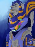 anthro chest_tuft fur glowing glowing_eyes looking_at_viewer male markings multicolored_tongue solo tongue tuft draconic_burners mythology seyia dragon mythological_creature mythological_scalie scalie absurd_res hi_res