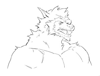 anthro eyebrows front_view fur looking_aside male nude nude_anthro nude_male pointy_ears pupils simple_background slit_pupils snout solo teeth tongue_showing white_background kingarthur_i canid mammal 2024 black_and_white bust_portrait digital_drawing_(artwork) digital_media_(artwork) hi_res line_art monochrome portrait