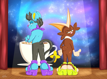 anthro claw_polish claws clothing coffee_cup colored_nails container cosmic_background countershade_feet countershading cup duo feet footwear glistening glistening_body glistening_clothing glistening_feet glistening_footwear high_heels kerchief looking_away male multicolored_body nails neckerchief neckwear pose posing_for_the_viewer purple_kerchief purple_neckerchief rear_view scut_tail shoes short_tail smile smiling_at_viewer smirk smirking_at_viewer stage stage_curtains stage_lights standing tail two_tone_body benjipaws nintendo pokemon hazel_coffeebean twinkle_moondust felid feline generation_4_pokemon generation_5_pokemon generation_8_pokemon lagomorph legendary_pokemon lion luxio mammal pantherine pokemon_(species) scorbunny scortini_(species) victini hi_res