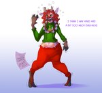2017 anthro biped christmas clothing deer dialogue digital_media_(artwork) drunk english_text female green_eyes hair half-closed_eyes holidays hooves horn human_to_feral loss_of_dexterity mammal narrowed_eyes new_world_deer paper red_hair reindeer simple_background solo species_transformation standing substance_intoxication sweater teats text topwear transformation watsup