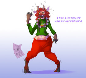 anthro biped christmas_clothing christmas_sweater christmas_topwear clothing dialogue drunk female green_clothing green_eyes green_sweater green_topwear hair half-closed_eyes holidays hooves horn human_to_feral loss_of_dexterity migrating_breasts narrowed_eyes paper red_hair simple_background solo species_transformation standing substance_intoxication sweater teats text topwear transformation watsup christmas deer mammal new_world_deer reindeer 2017 digital_media_(artwork) english_text