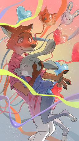 anthro balloon black_clothing black_leggings black_legwear blue_clothing blue_shirt blue_topwear bodily_fluids bottomwear clothed clothing duo female fur grey_body grey_fur heart_eyes heart_symbol hug inflatable leggings legwear long_ears male male/female orange_body orange_fur pants pink_clothing pink_shirt pink_topwear shirt smile sweat tears topwear white_bottomwear white_clothing white_pants zheron0076 disney zootopia judy_hopps nick_wilde canid canine fox lagomorph leporid mammal rabbit 2025 digital_media_(artwork) hi_res