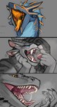 ambiguous_gender anthro black_teeth blue_eyes blue_frill bodily_fluids duo fangs female feral frill_(anatomy) head_crest head_frill holding_another humanoid_pointy_ears in_mouth male mouth_shot narrowed_eyes on_tongue open_mouth oral_vore orange_eyes pointy_ears saliva saliva_string simple_background size_difference solo teeth tongue vore acidic mythology dragon felid humanoid mammal mythological_creature mythological_scalie scalie hi_res multiple_images partially_colored