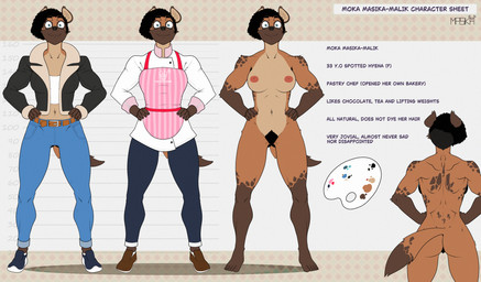 anthro apron areola back_muscles breasts brown_body brown_fur butt chef_uniform clothing curly_hair ear_tuft female flat_shading fur fur_markings grey_eyes hair hairy_vulva markings muscular muscular_female nipples nude palette pattern_background pubes simple_background solo spots tail text tomboy tuft tufted_fur masikadraws moka_(masikadraws) hyena mammal spotted_hyena english_text hi_res model_sheet