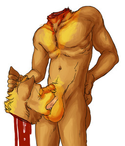 anthro autofellatio blood bodily_fluids cum cum_in_mouth cum_inside detachable detachable_head detached_oral exposed_muscle fellatio genital_fluids genitals gore gore_focus headless headless_play holding_own_head male masturbation nude oral oral_masturbation penile penile_masturbation penis sex simple_background solo white_background rustin canid canine mammal 2016