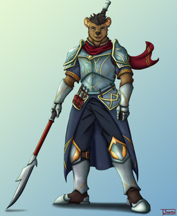 angry anthro armor blue_eyes brown_body brown_fur clothed clothing dark_hair decoration ear_piercing fully_clothed fur gauntlets glaive gloves greaves hair handwear heavy_armor holding_object holding_weapon inner_ear_fluff journal leg_armor male melee_weapon open_mouth paladin pauldron piercing polearm robe scarf sharp_teeth short_hair short_sleeves simple_background solo standing teeth tuft weapon sinarts bear mammal ursine absurd_res hi_res