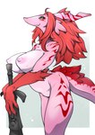 anthro areola big_breasts breasts featureless_crotch female hair horn kemono melee_weapon nipples nude simple_background smile solo sword tail weapon white_background j7w mythology dragon mythological_creature mythological_scalie scalie wingless_dragon absurd_res hi_res