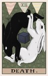 black_body black_eyes black_fur card cube feet feral fur tail tarot tarot_card text white_body white_eyes white_fur thembiemoth rusty_lake rusty_lake_roots mr._rabbit lagomorph leporid mammal rabbit spirit absurd_res english_text hi_res