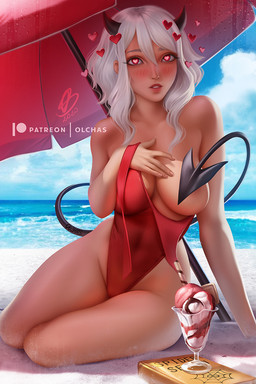 big_breasts blush breasts clothing covering covering_breasts female hair heart_eyes heart_symbol horn looking_at_viewer not_furry solo spade_tail swimwear tail white_hair wide_hips olchas helltaker modeus_(helltaker) demon demon_humanoid horned_humanoid humanoid 2:3