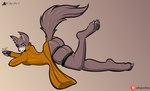 anthro bedroom_eyes brown_body brown_fur butt clothing female fluffy fluffy_tail fur legwear looking_at_viewer narrowed_eyes orange_outfit purple_eyes raised_tail seductive simple_background smile solo tail xdiegosilvax beastars juno_(beastars) canid canine canis mammal wolf hi_res