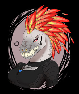 anthro biped breasts choker eyelashes facial_piercing feather_hair feathers female freckled_face freckles glistening_eyelids heart_symbol jewelry long_eyelashes necklace nipple_piercing nipples non-mammal_breasts nose_piercing nose_ring pendant piercing pink_eyes pink_sclera pseudo_hair pupils red_body red_eyes red_feathers ring_piercing sharp_teeth slit_pupils solo speckled_body teeth white_body yellow_body yellow_feathers rainbow_dawn halo_(series) microsoft xbox_game_studios zir-zen alien ibie'shan kig-yar scalie colored digital_media_(artwork) half-length_portrait hi_res portrait