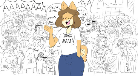 ambiguous_gender angry angry_mob anthro anthro_focus biped blue_bottomwear blue_clothing blue_pants bottomwear breasts brown_hair clothed clothed_anthro clothed_female clothing countershade_face countershading dialogue eyebrow_through_hair eyebrows eyelashes eyes_closed female female_focus fur group hair hand_in_pocket open_mouth open_smile pants pockets screaming shirt smile solo_focus t-shirt tail tan_body tan_fur teeth text text_on_clothing text_on_shirt text_on_t-shirt text_on_topwear tooth_gap topwear translucent translucent_hair white_clothing white_shirt white_t-shirt white_topwear jinu jinu_(character) june_(jinu) canid canine canis domestic_dog mammal shiba_inu spitz 2017 digital_drawing_(artwork) digital_media_(artwork) english_description english_text hi_res male_(lore)