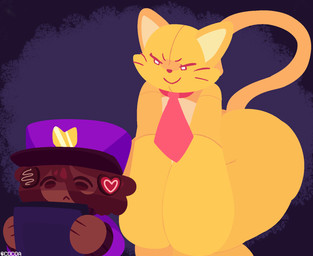 accessory anthro big_butt butt clothing doll duo eyelashes femboy hat headgear headwear huge_butt male necktie nightguard plushie sneaking thick_thighs yellow_body cocoaberry lovedoll_toy_factory bratti_(gremlingrounded) nightguard_(gremlingrounded) animate_inanimate domestic_cat felid feline felis human humanoid living_doll living_plushie mammal hi_res