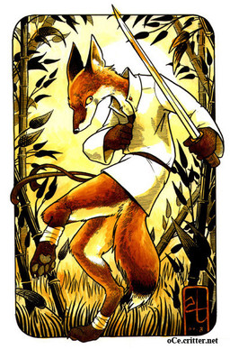 anthro bamboo bottomless clothed clothing male melee_weapon solo sword weapon yellow_eyes oce canid canine fox mammal 2000