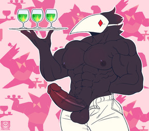 abs balls black_body bottomwear clothed clothing erection genitals humanoid_genitalia humanoid_penis male mask muscular muscular_male nipples pants partially_clothed pecs penis simple_background solo topless vein veiny_muscles veiny_penis white_bottomwear white_clothing white_pants vier_punksterne deltarune undertale_(series) avian bird darkner swatchling hi_res