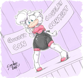 anthro big_diaper blue_eyes blush breasts clothed clothing cosplay diaper fur gynomorph intersex solo stage standing wearing_diaper white_body white_fur sophiepoof sega sonic_the_hedgehog_(series) rouge_the_bat sophie_(argento) eulipotyphlan hedgehog mammal hi_res gynomorph_(lore)