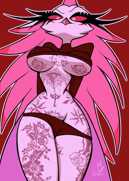 anthro big_breasts breasts chest_tattoo clothed clothed_anthro clothing clothing_pull facial_tattoo female leg_tattoo raised_clothing skimpy solo tattoo tattooification thick_thighs womb_tattoo gatojack3 hellaverse helluva_boss stella_(helluva_boss) avian bird bird_demon hi_res