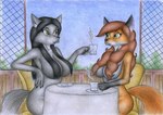 anthro big_breasts breasts casual_nudity convenient_censorship duo female furniture hair hair_covering_breasts inside mature_female nude table sinaherib alydia_gardis eliza_gardis canid canine canis fox mammal red_fox true_fox wolf hi_res traditional_media_(artwork) daughter_(lore) mother_(lore) mother_and_child_(lore) mother_and_daughter_(lore) parent_(lore) parent_and_child_(lore) parent_and_daughter_(lore)