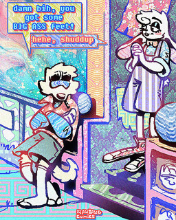 aloha_shirt anthro bottomwear bow_tie cheek_spots clothing converse_shoes dialogue duo ears_down eyewear flip_flops floppy_ears footwear fur half-closed_eyes male narrowed_eyes open_mouth open_smile overalls pattern_clothing pattern_shirt pattern_topwear pivoted_ears sandals shirt shoes shorts smile socks socks_with_sandals speech_bubble sunglasses text topwear white_body white_fur yellow_body yellow_fur rawdawgcomics converse bingus_(rawdawgcomics) stahli_(rawdawgcomics) bird_dog canid canine canis domestic_dog golden_retriever hunting_dog lagomorph leporid mammal rabbit retriever 4:5 english_text hi_res