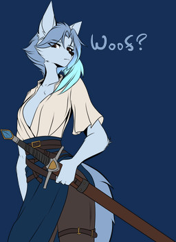 anthro armor blue_clothing blue_hair brown_eyes clothing curious dialogue femboy feminine gem hair looking_at_viewer magic_user male melee_weapon scabbard slim solo sword weapon snowiefeather canid canine canis fox hybrid mammal wolf alpha_channel hi_res unfinished