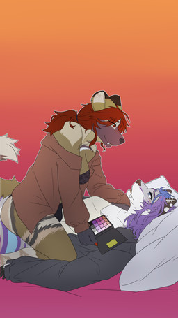 anthro big_breasts biped bite_mark blue_eyes blush bottomwear breasts bulge clothed clothing duo female female_anthro fur gynomorph gynomorph/female gynomorph_anthro hair intersex intersex/female intersex_anthro makeup purple_eyes purple_hair red_eyes simple_background smile stripes tail thick_thighs underwear lisikazima rakzorg african_wild_dog canid canine felid mammal pantherine snow_leopard 9:16 hi_res trans_(lore) trans_woman_(lore)