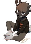 anthro bottomless brown_body brown_fur clothed clothing fur jacket looking_at_viewer male shirt sitting sitting_on_ground snaggle_tooth solo t-shirt tail topwear topwear_only pk_dragon_(artist) aggretsuko sanrio haida_(aggretsuko) hyena mammal spotted_hyena 2020 hi_res