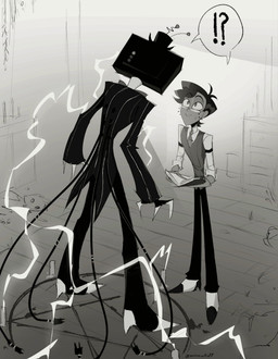 3_fingers alternate_universe antennae_(anatomy) bodily_fluids book bottomwear claws clothing confusion duo electricity electronics eyewear fingers floor footwear for_a_head glasses hair hat headgear headwear holding_book holding_object inside interrobang lightning long_sleeves looking_at_another looking_up male necktie nervous nervous_smile nervous_sweat pants ritual screen screen_face shirt shoes short_hair size_difference sketch_background smile speech_bubble standing suit summoning summoning_circle sweat television tendrils topwear wearing_glasses wire randomartist7 hazbin_hotel hellaverse alastor_(hazbin_hotel) vox_(hazbin_hotel) demon human humanoid mammal object_head screen_head tv_head hi_res monochrome sketch