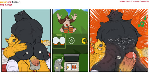 anthro bodily_fluids butt butt_slap clothing duo electronics erection footwear fur gameplay_mechanics genital_fluids genitals hair hair_over_eyes humanoid_genitalia humanoid_penis humor leaking_precum lying male male/male muscular muscular_anthro muscular_male nude on_back penis precum precum_string simple_background slap smile socks spank_marks spanking tail tentacles text underwear maychin donkey_kong_(series) nintendo connor_(maychin) donkey_kong_(character) gregor_(maychin) ape canid canine canis domestic_dog gorilla haplorhine mammal pit_bull primate absurd_res comic digital_media_(artwork) hi_res one_page_comic url