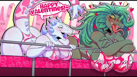 anthro aroused bedroom_eyes bent_over big_breasts bikini breasts cleavage clothed clothing crossed_arms duo fangs female heart_symbol holidays imminent_sex leaning leaning_forward mouth_shot narrowed_eyes open_mouth plant raised_tail seductive smile swimwear tail teeth text tongue tongue_out two-piece_swimsuit jelzyart godzilla_(series) toho valentine's_day biollante shimo_(kaiju) hybrid kaiju reptile scalie 16:9 english_text widescreen